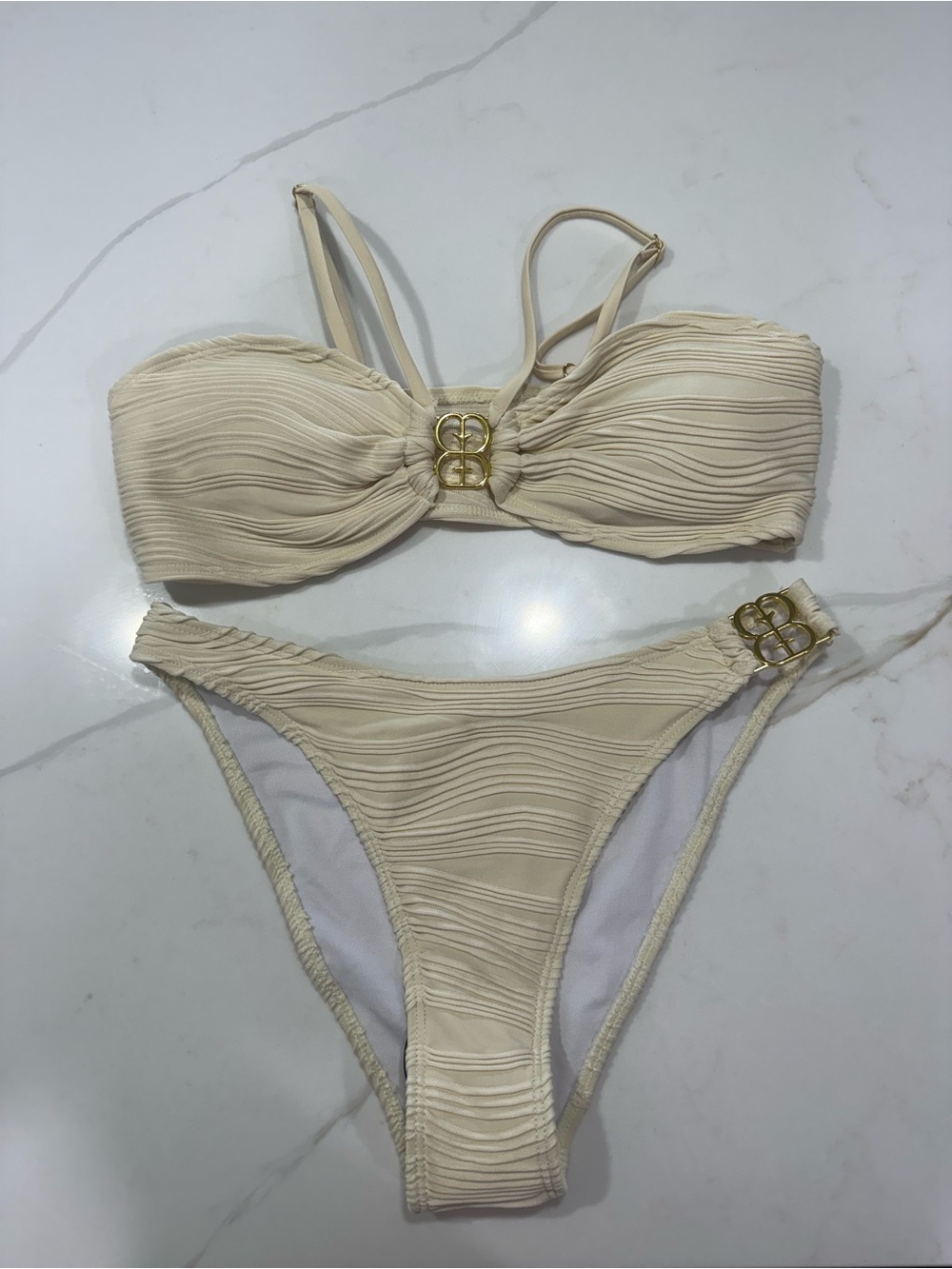 SHEIN Cream Textured Bandeau Bikini with Gold Buckles
